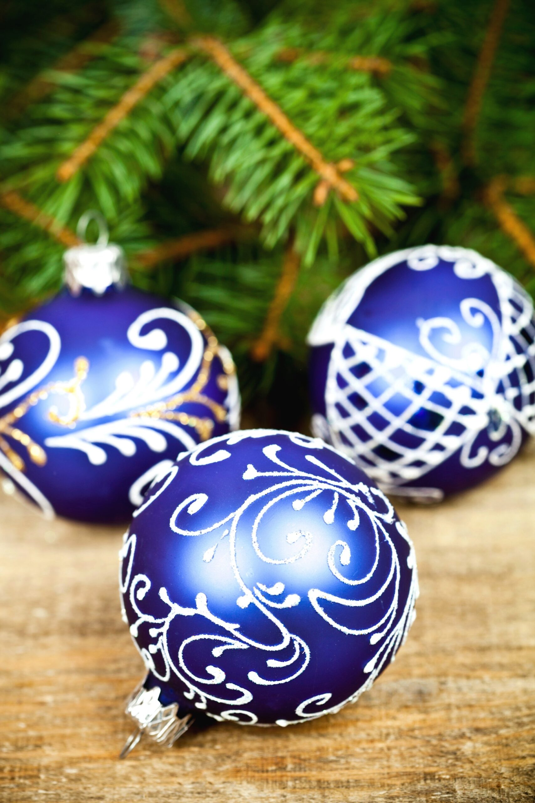 Blue and white painted glass ornaments