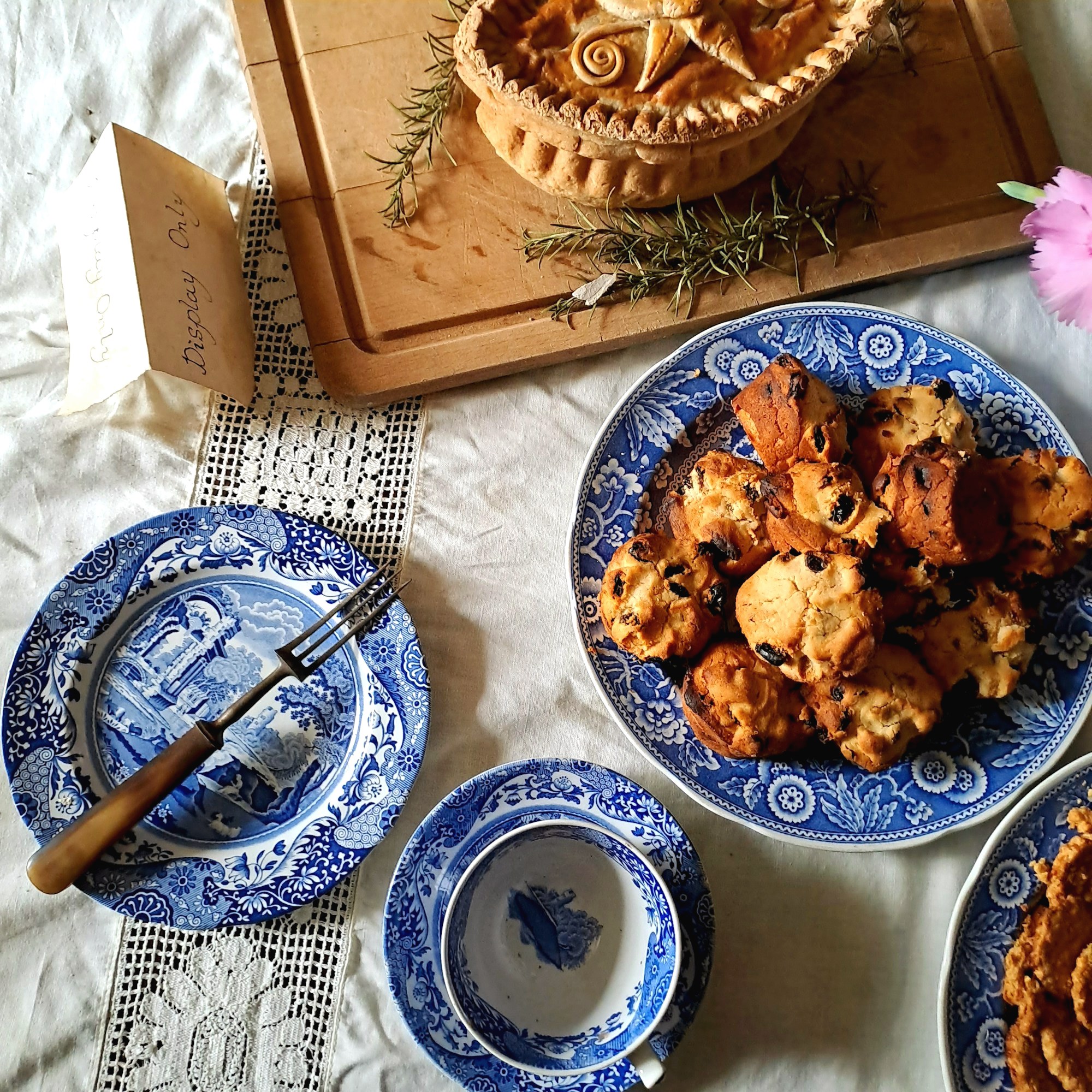 Holiday table with blue and white plates