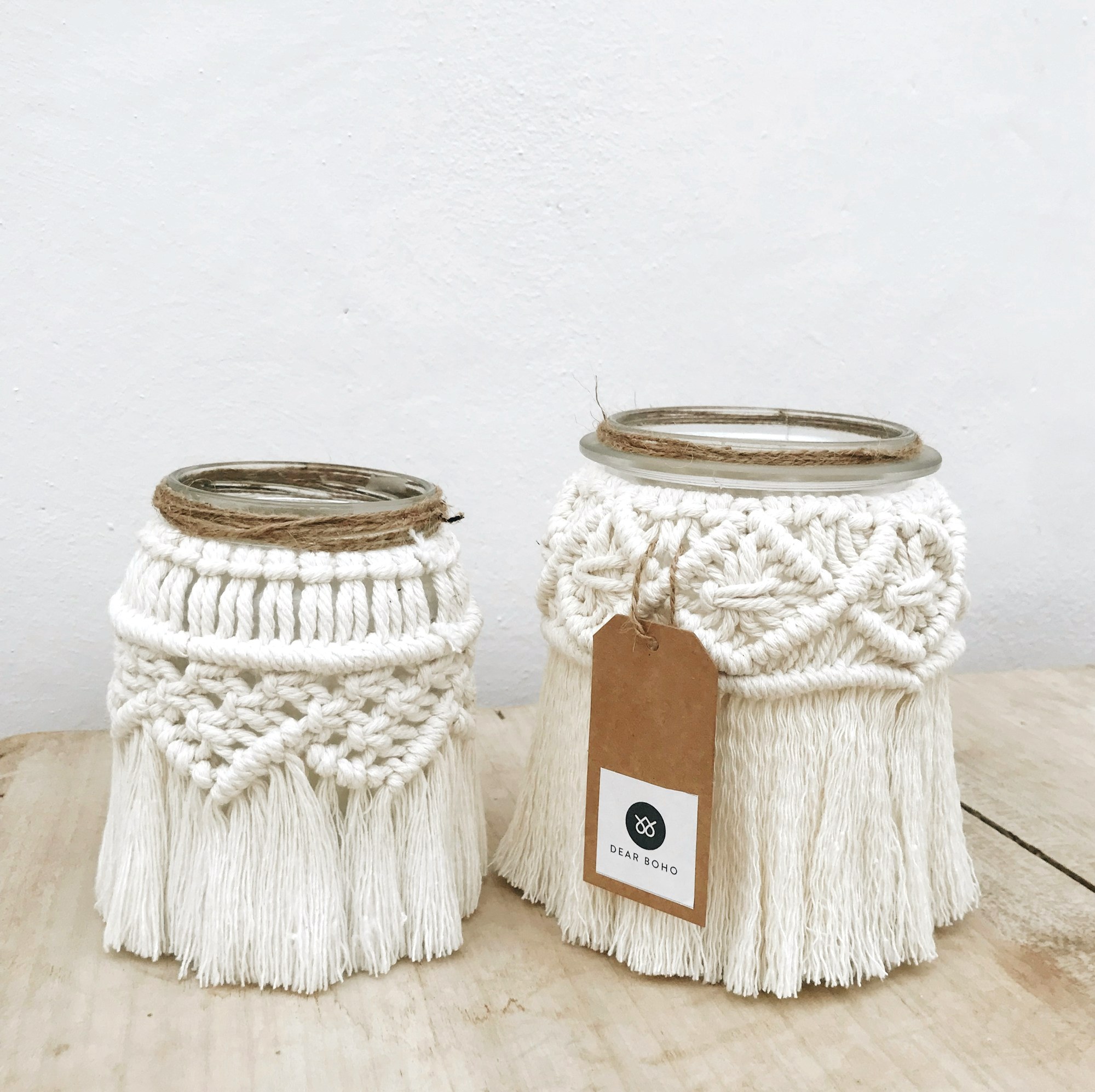 Candle jars wrapped in natural rope and macrame
