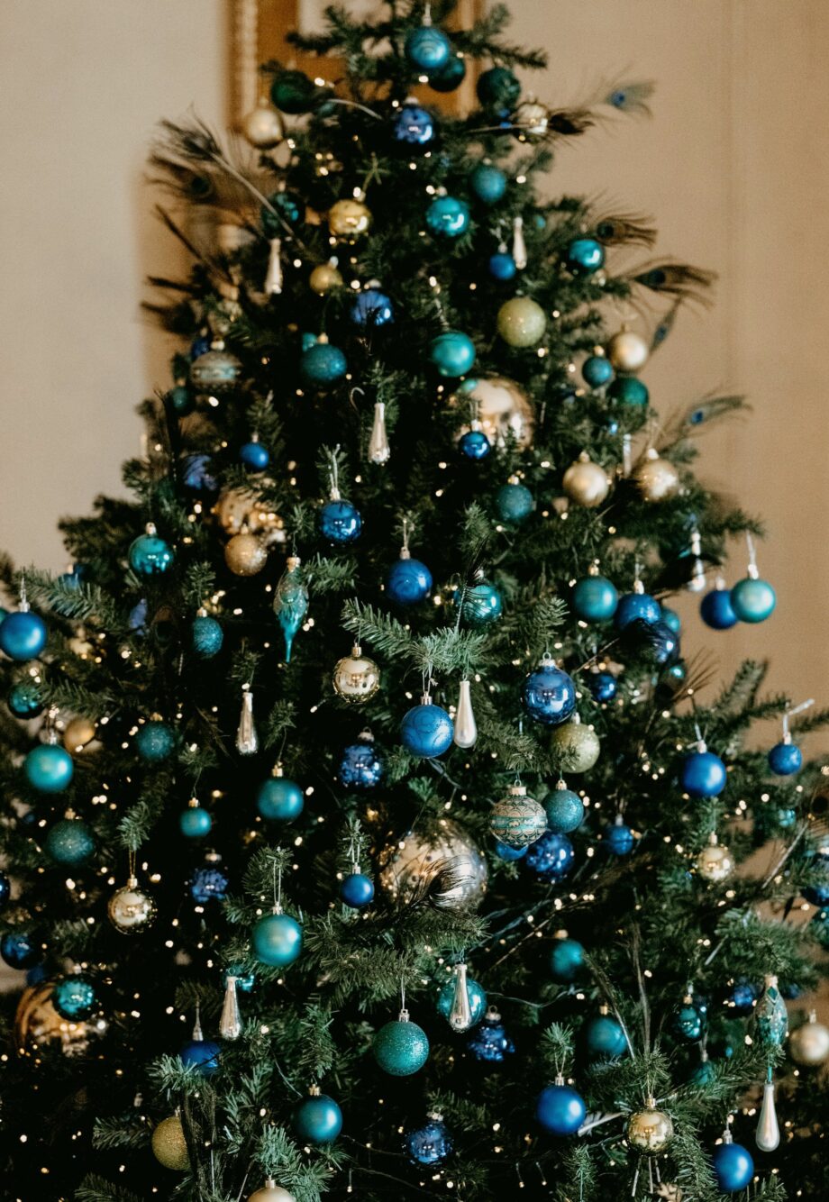 Christmas tree decorated with blue and silver ornaments