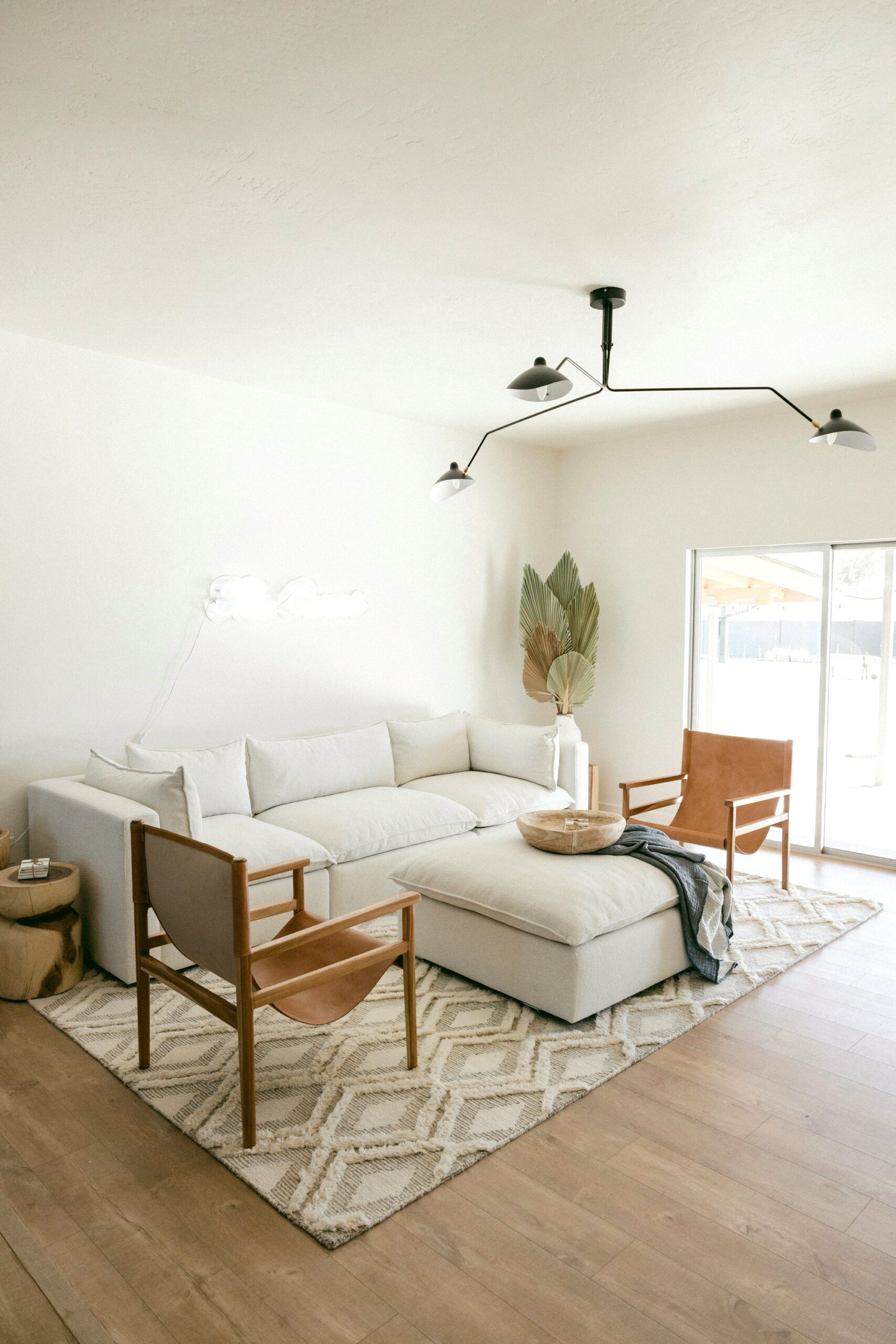 Bright white living room filled with natural light
