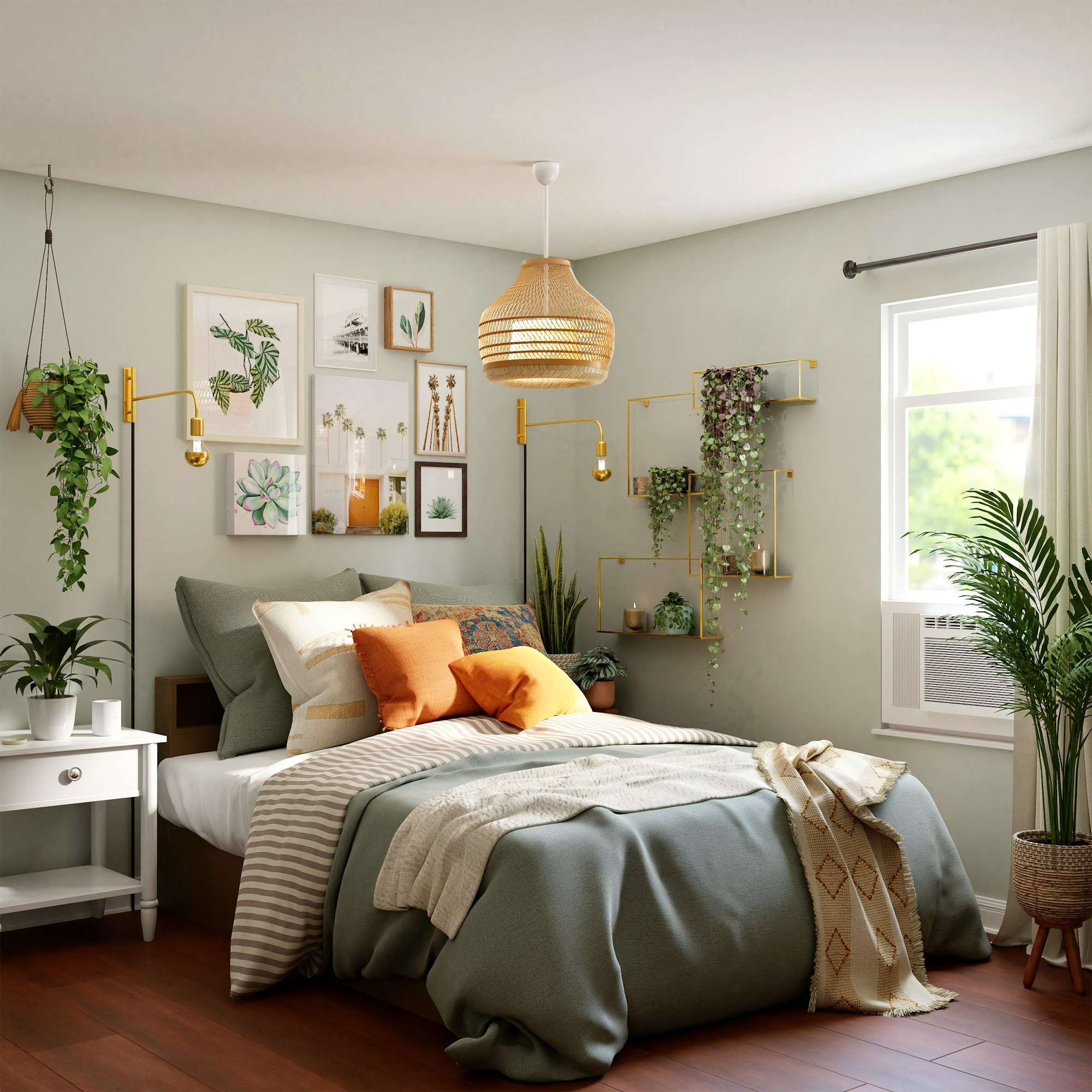 Green and gray bedroom with a rug, pendant light and plants