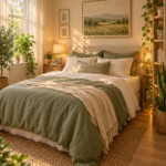 AI-generated interior concept: sage green bedding, warm sunlight and houseplants in a small bedroom