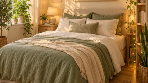 AI-generated interior concept: sage green bedding, warm sunlight and houseplants in a small bedroom