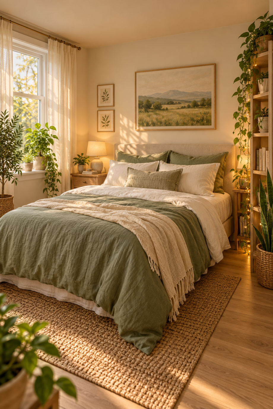 AI-generated interior concept: sage green bedding, warm sunlight and houseplants in a small bedroom
